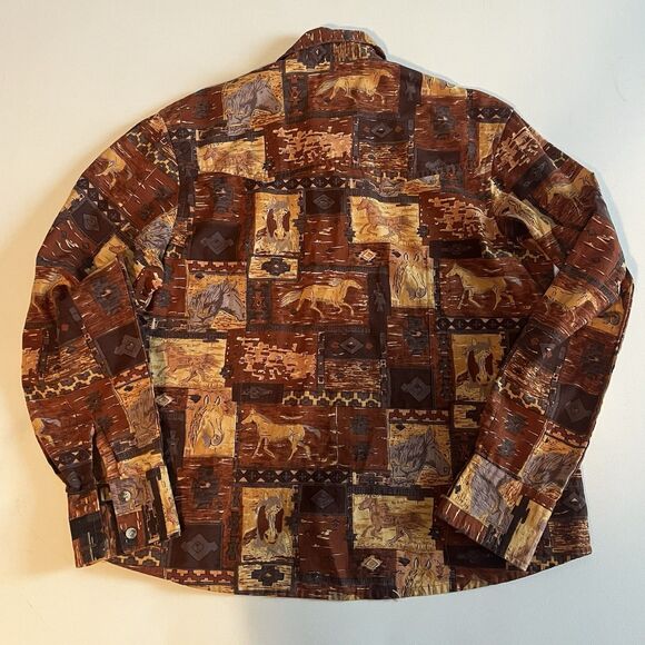 Vintage Moda Tech Western Shirt Red & Tan Horse Print All Over Womens M Cotton - Picture 11 of 12